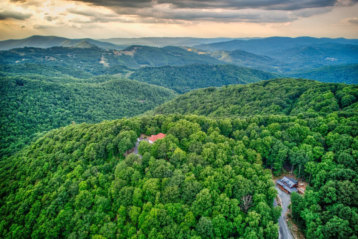 A breathtaking panoramic view featuring a solitary house with a red roof surrounded by a lush green forest, with a dramatic mountain range in the background. The scene is peaceful and secluded, emphasizing the property’s unique high country setting.
