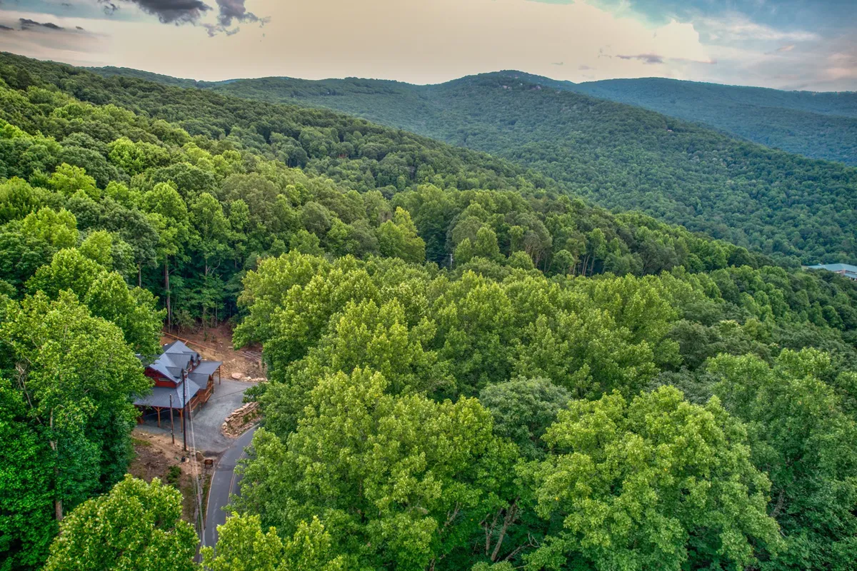 A sweeping mountain landscape with thick woods and a road that leads to the house, inviting guests to explore the natural beauty surrounding the area. The tranquil, scenic view highlights the immersion in the outdoors.